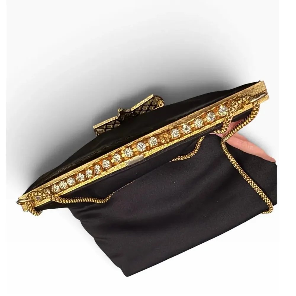 Vintage Walborg Brooch Bag 1960s Black Satin Jeweled Evening Purse OOAK